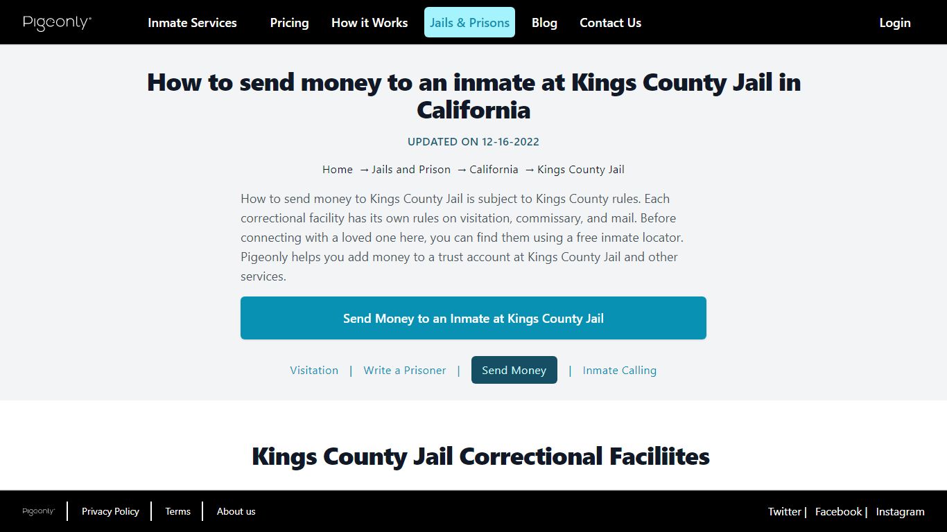 Send Money to Inmate Kings County Jail, California | Pigeonly
