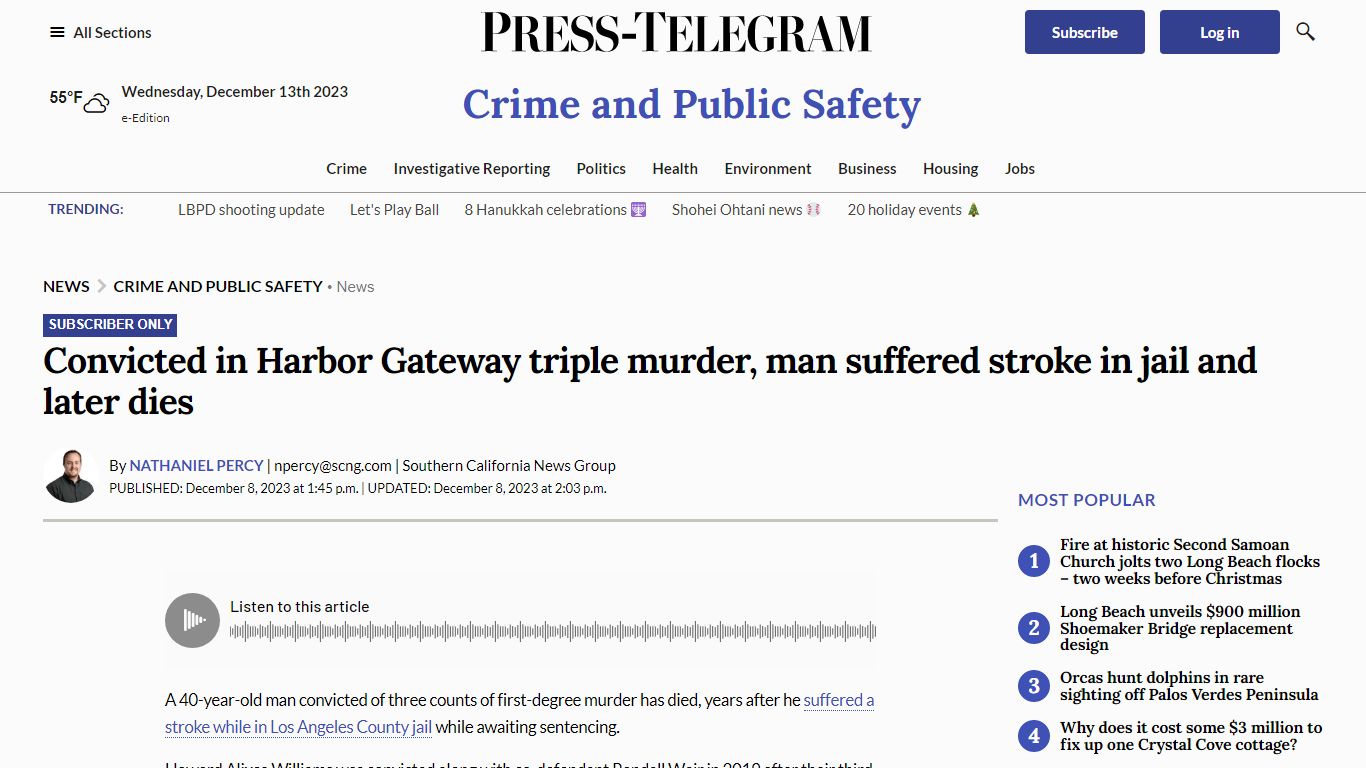 Convicted in Harbor Gateway triple murder, man suffered stroke in jail ...